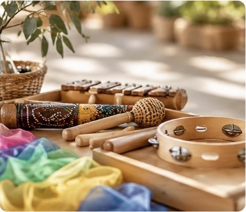 Rain stick, shakers and scarves for music time
